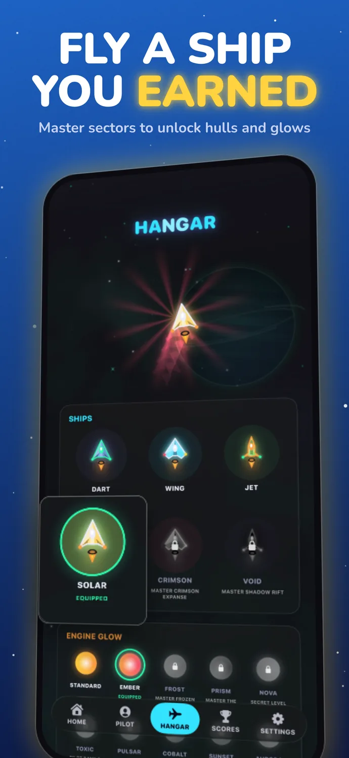 Fly a ship you earned: the hangar of hulls and engine glows unlocked by mastering sectors