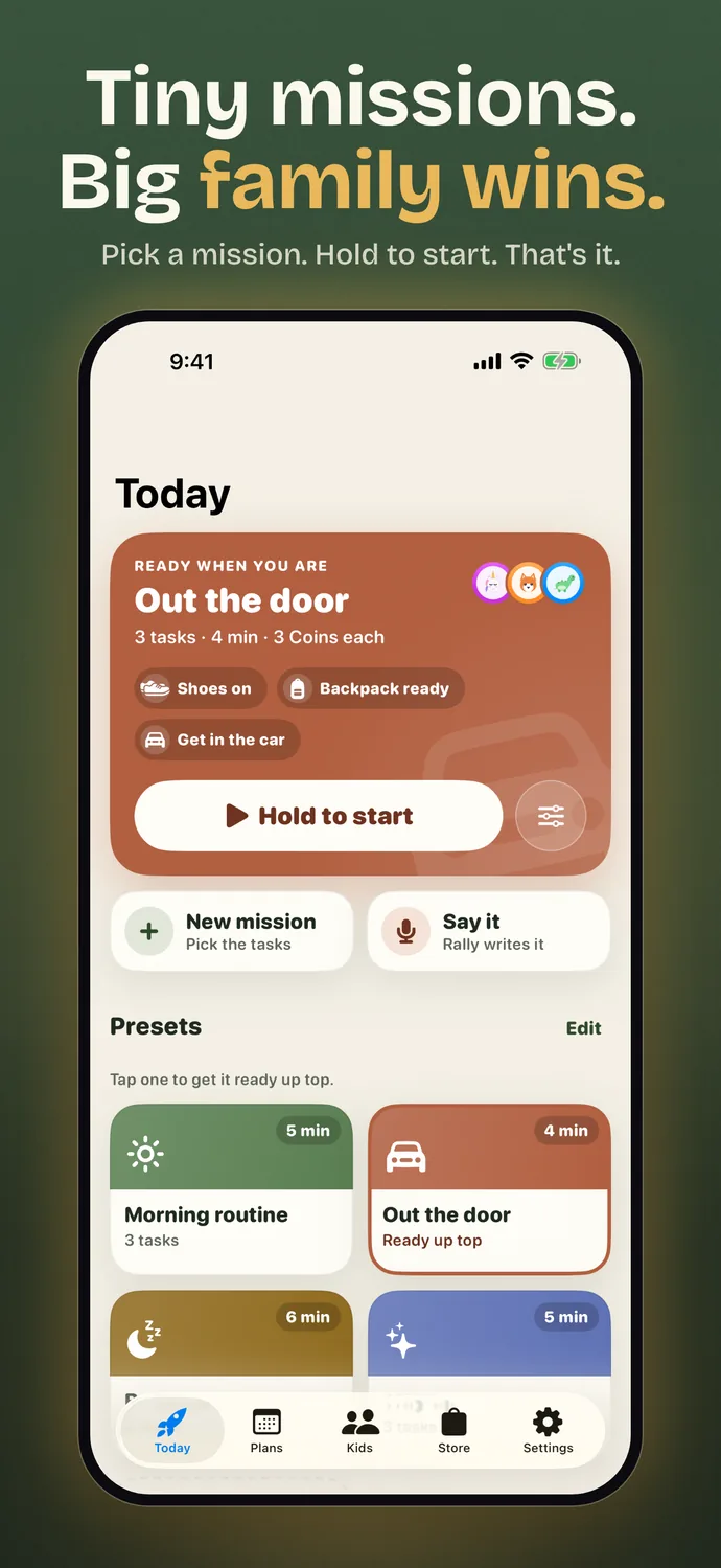 Tiny missions, big family wins: pick a mission on the Today screen and hold to start