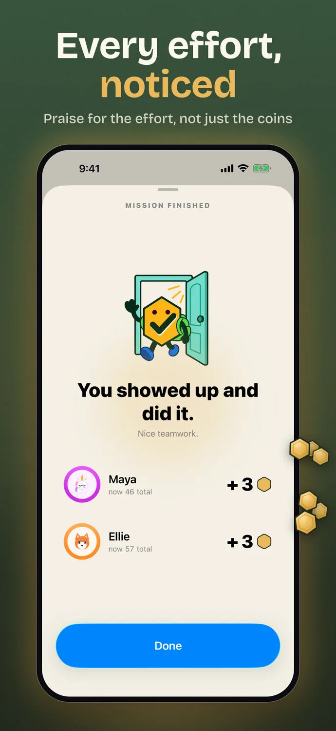 Every effort, noticed: the celebration praises the effort, not just the coins
