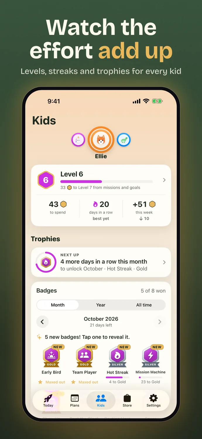 Watch the effort add up: levels, streaks and trophies for every kid